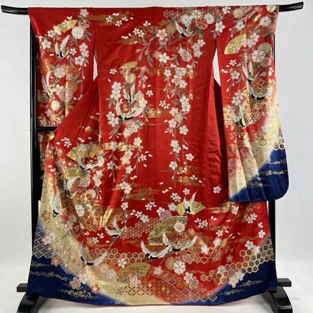Woman Japanese Kimono Furisode Silk Fan Cherry Blossom Gold Thread Foil Red