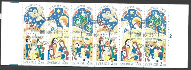 SWEDEN - 1988 Christmas Post - COMPLETE BOOKLET - USED PANE OF 12.