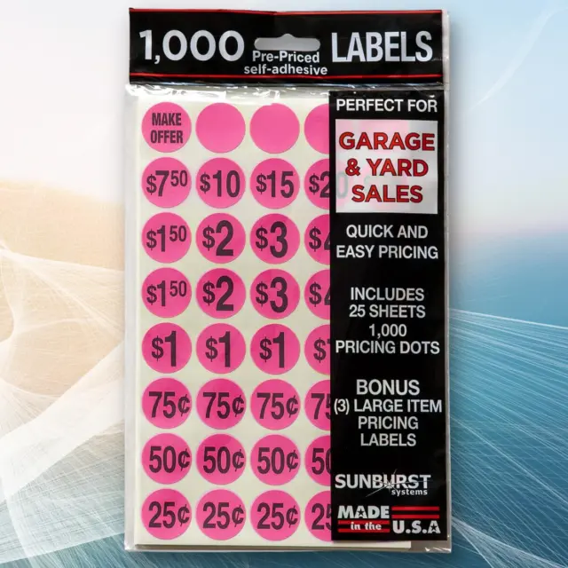 Pack of 1000 Yard Garage Sale Price Stickers Prepriced Labels Self Adhesive Tags