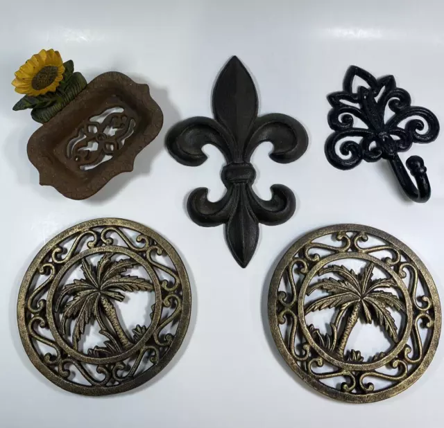 VTG Cast Iron  Coasters , Fleur De Lis , Wall hook ,  Soap Dish Sponge Holder