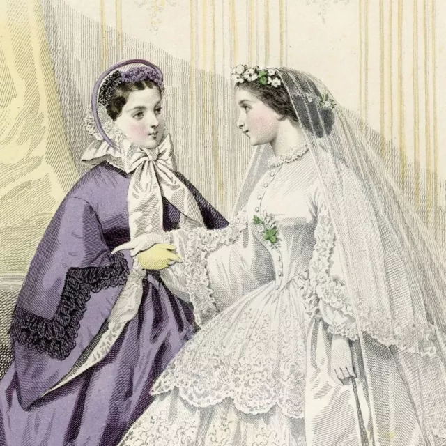 Les Modes Parisiennes Wedding Dress - Original 19th Century Watercolor Engraving