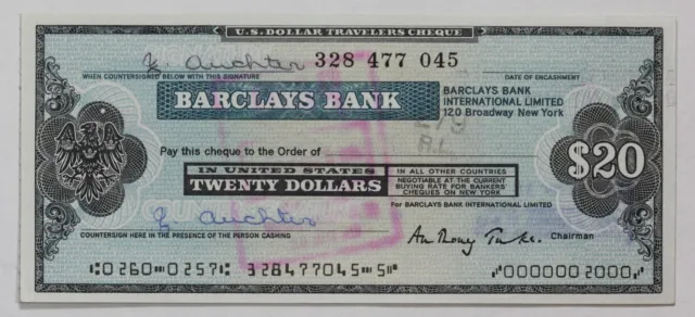 1973 Barclays Bank $20 Travelers Check 3XUT