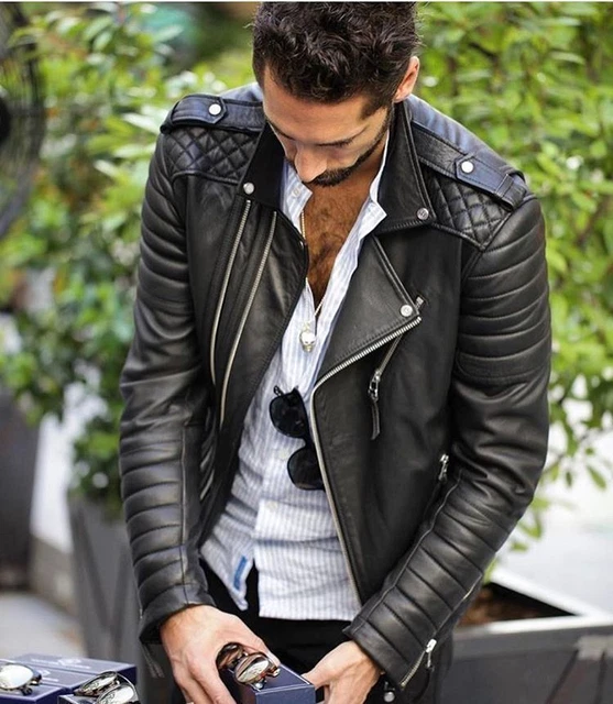 Mens Genuine Lambskin Leather Jacket Black Quilted Biker Motorcycle Jacket