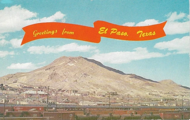 c1950's TX EL PASO TOWN VIEW, RR RAILROAD, LOTS OF TRAIN CARS TEXAS PETLEY PC
