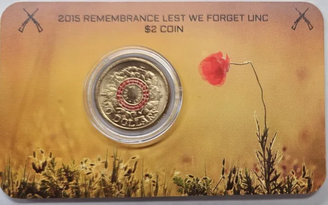 2015 $2 Red Anzac Cove Lest We Forget War Graves Remembrance UNC COIN & CARD