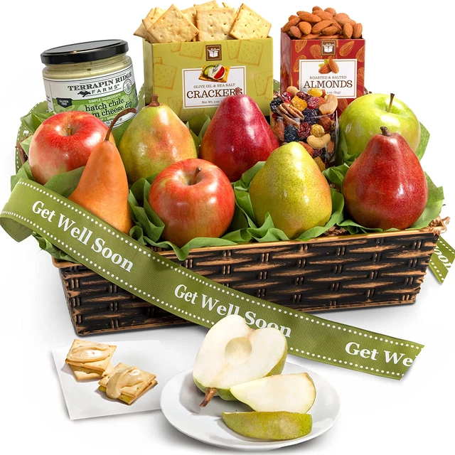Cesta clásica de frutas frescas Get Well Soon con galletas queso y nueces