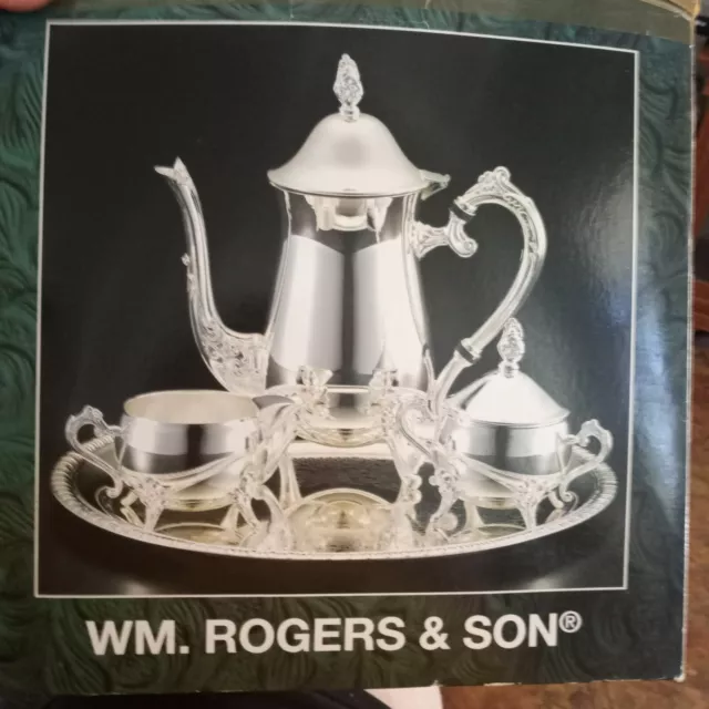 WM Rogers 4 Pc Silverplate Tea Set Tea/Coffee Pot Creamer Sugar Bowl Platter