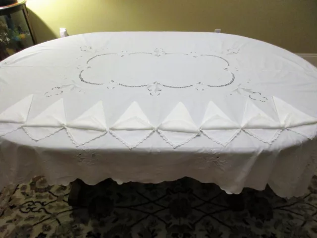 Vtg-Tablecloth-White Madeira-Monogram-Grape Clusters 98" x 68" + 8 Napkins