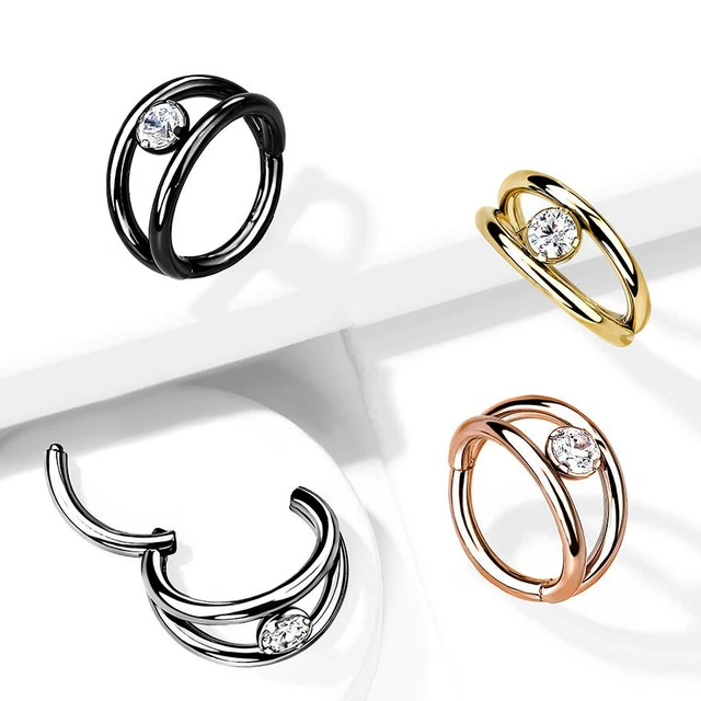 16G Gold Black Steel Double Hoop Center Gem Hinged Segment Conch Helix Clicker