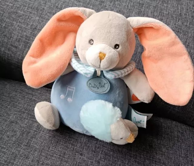 😍🐰🎶Peluche Soft doudou lapin Pom musical BABY NAT' bébé bleu orange 20 cm