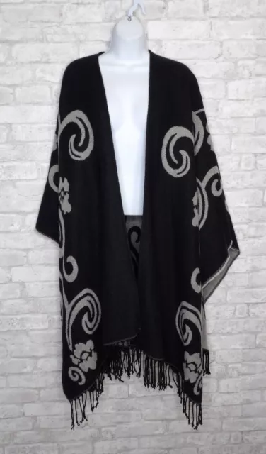 Chico's Long Line Knit Sweater Kimono Wrap Fringe One Size Reversible Black Tan