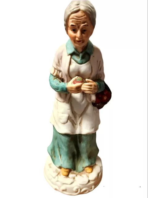 Vintage Elderly Lady Walking w/Basket Of Apples Ceramic Figurine No Marking