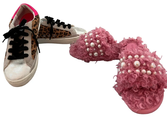 Justice Sport Girls Sneakers Shoes Leopard Cat Jack Fuzzy Slippers Sz 2 Lot