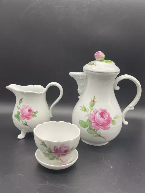 Meissen Pink  Rose Porcelain Coffee Pot & Sugar Bowl & Plate 1 St/Creamer 2nd