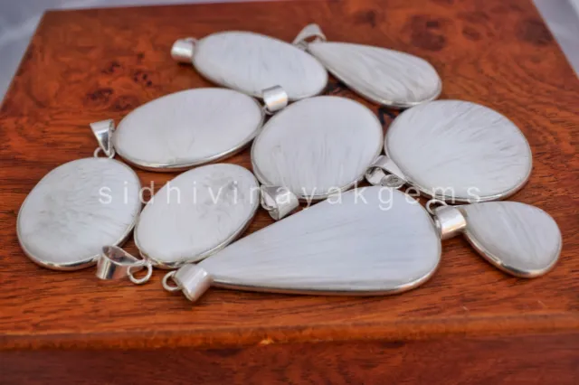 Sale 10 Pcs. Lot White Scolecite Gemstone 925 Silver Plated Bezel Pendants J-10