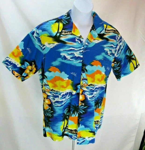 Men's Vintage Hawaiian Shirt Sz L Blues Surfer Aloha Button Front Sh Sleeve EVC