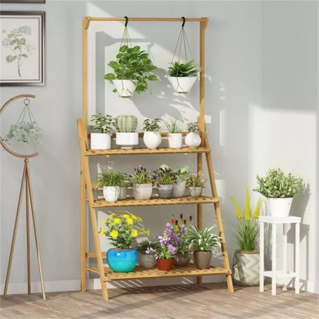 Heavy Duty Flower Stand 3 Tier Ladder Fold Shelf Herb Plant Holder Display Wood
