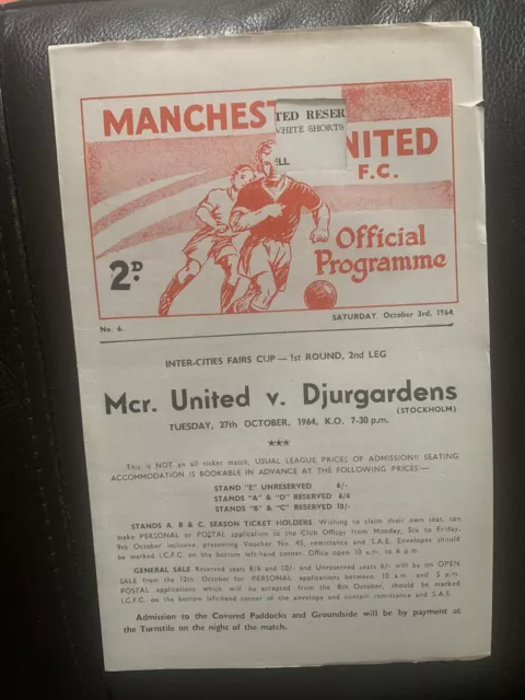 Manchester United Reserves v Burnley Reserves 64/5 (4 Page Programme)