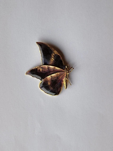 Broche Papillon Ancienne En Argent Massif émaillé – Marron Orangé – Vintage Français
