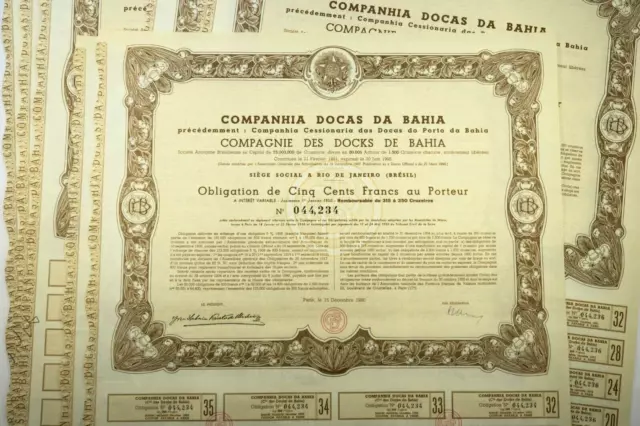 Compagnie Des Docks De Bahia Obligation 500 Francs 5% Rio De Janeiro 1950 X 12