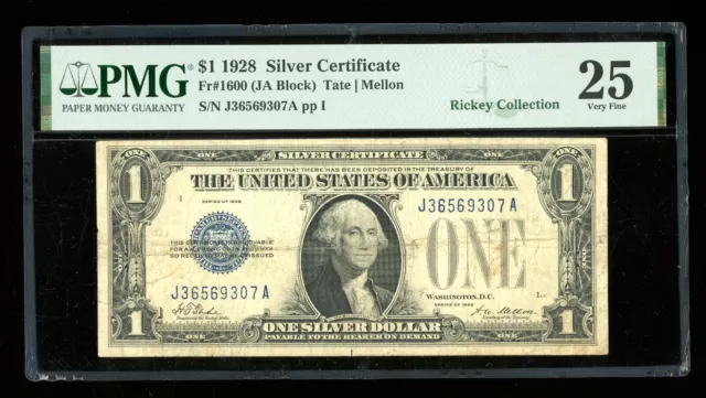 DBR 1928 $1 Silver Fr. 1600 JA Block PMG 25 Serial J36569307A