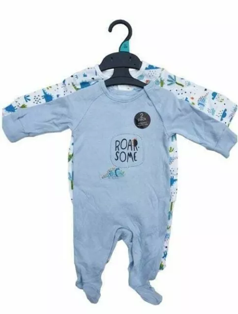 Ex Store Baby Boy Blue Dinosaur Dino 2 Pack  Sleepsuits Babygrow Age 12/18 Month