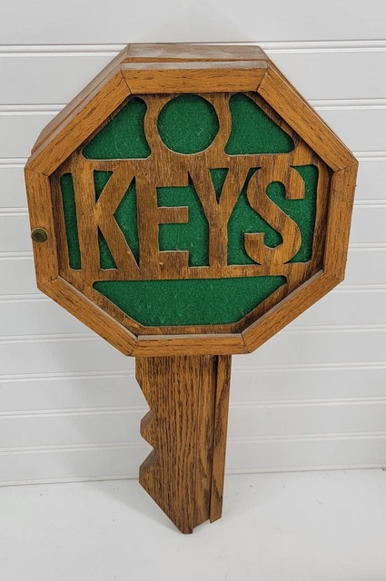 Wall Mounted Key Shaped Holder Cabinet Wooden Handmade Laser Cut 9 Hooks Vtg 4