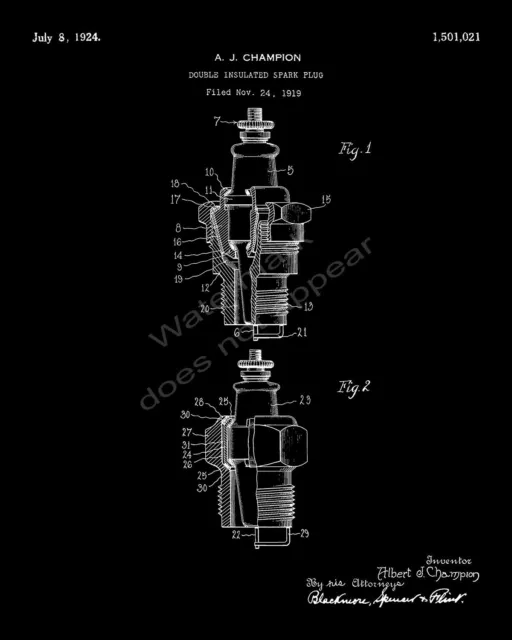 Automobile AC Spark Plug 1919 Albert Champion Patent Print - Black