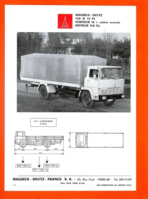 MAGIRUS-DEUTZ FICHE TECHNIQUE PORTEUR 156 D 14 FL de 1971 EUR