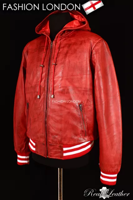 ' le jeu 'homme rouge avec blanc bordure Hip Hop peau d'AGNEAU VESTE CUIR 4486