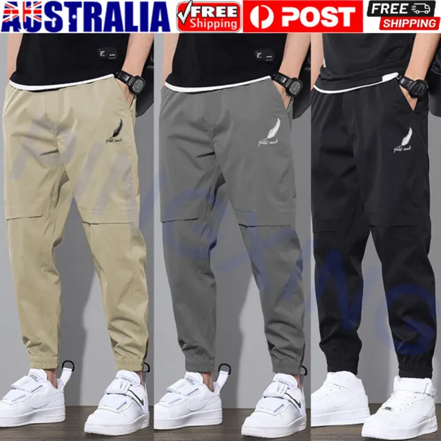 Men's Elastic Waist Cargo Combat Work Trousers Pocket Cuffed Joggers Long Pants