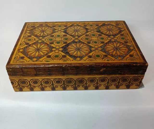 Antique Old Pyrography Handcrafted Decorative Wooden Box Made in Poland