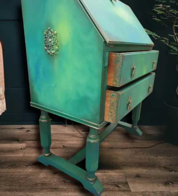 Stunning Vintage Emerald Green Bureau Writing Desk Hand Painted Upcycled...