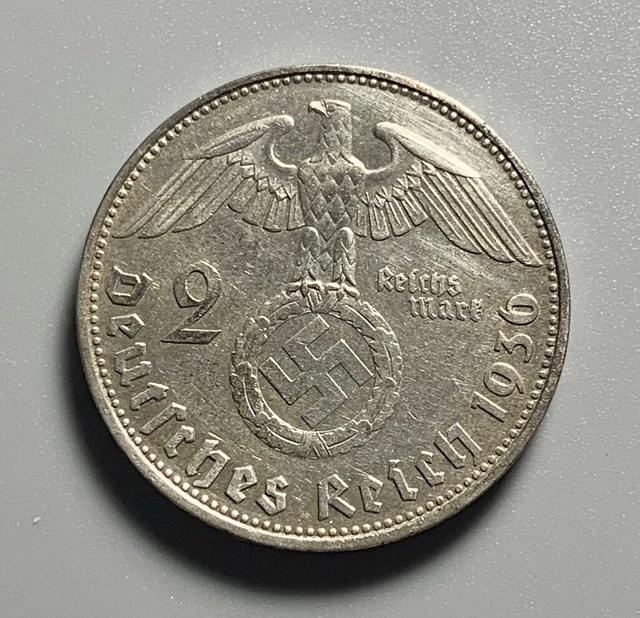 1936 D  Germany Third Reich 2 Mark Silver Coin CLEANED