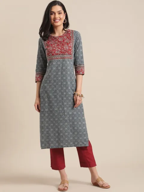 New Dress Women Indian Designer Cotton Kurta Kurti Tunic Top Blue Ethnic Printed
