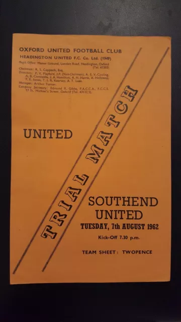 Oxford United v Southend United Trial Match Programme 07/08/62