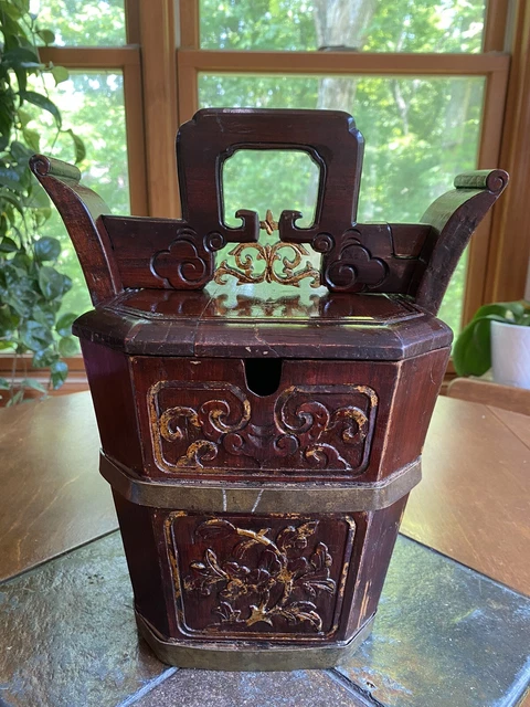 Antique Chinese Wooden Rice Bucket Barrel Pot With Locking Lid Signed