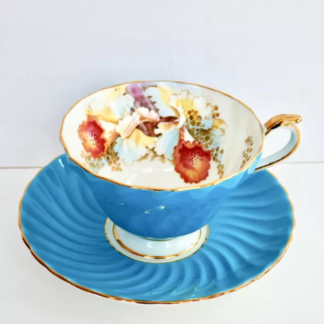 Aynsley Orchid Cup Saucer Blue Floral Spiral Fluted Footed Scalloped Vintage