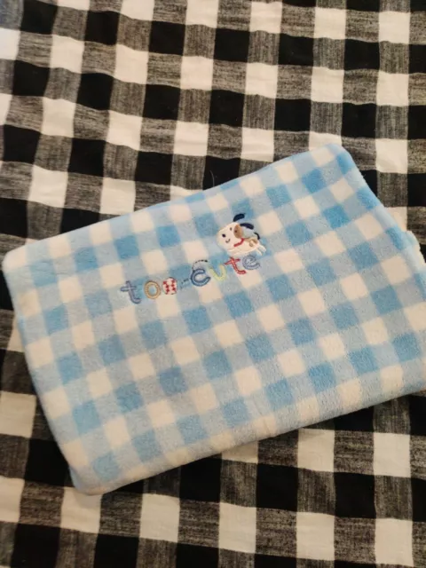 Carters Just One Year Blue White Squares Plaid Too Cute Puppy Dog Baby Blanket