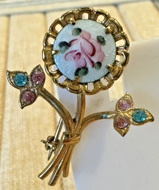 Vintage Gold Tone Brooch Pin Painted Enamel Guilloche Rose Pink Blue Rhinestones