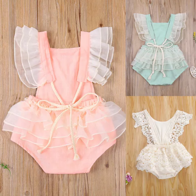 Newborn Infant Baby Girl Romper Bodysuits Fly Sleeve Lace Jumpsuit Clothes