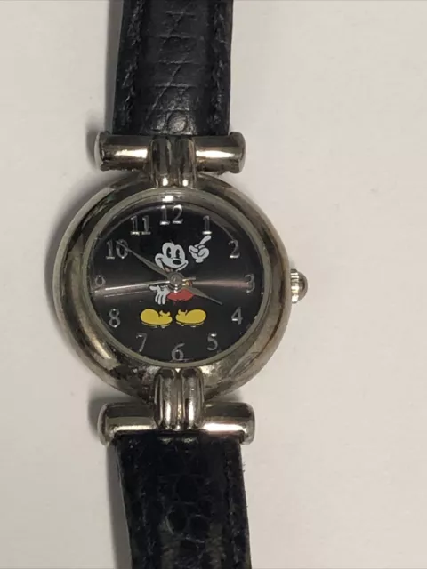 Vintage Disney Store Mickey Mouse Watch Black leather band-new Battery womens