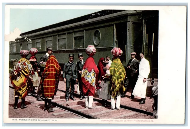 c1905 Pueblo Indians Selling Pottery Train Railroad People Arizona AZ Postcard