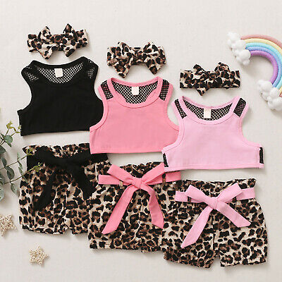 Toddler Baby Girls Sleeveless Solid Vest Tops+ Leopard Printed Shorts Outfits