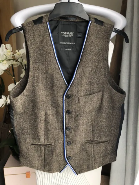 Topshop Topman Brown Tweed Pure Wool Waistcoat  UK 38"