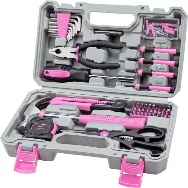 CARTMAN 126 piece Tool Set Household Hand Tool Kit Plastic Toolbox Storage, Pink