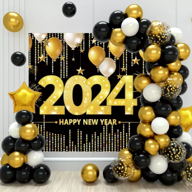 NEW YEAR 2024 Happy Party Banner Decorations Eve Years Supplies Black