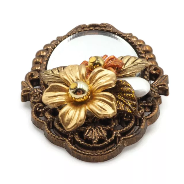 Vintage Gold & Bronze Tone Acrylic Oval Framed Mirror Flower Fashion Brooch 2