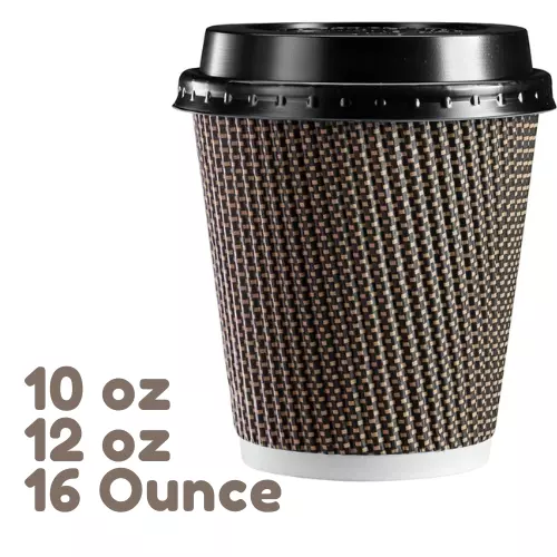 Insulated Brown Patterned Ripple Paper Hot Coffee Cups With Lids 10oz, 12oz,16oz