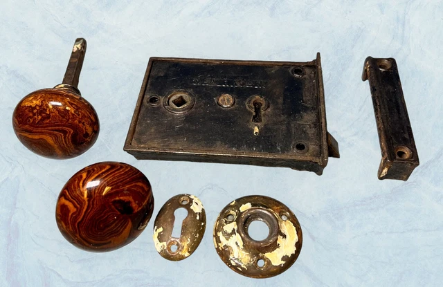 Antique Set Brown Swirl Porcelain Door Knobs + D M Co. New Haven Rim Lock Collar